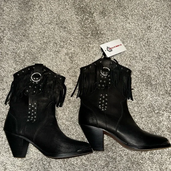 Santa Fe Boot Co Black Rhinestones Fringe Heeled Boots Size 8M - Picture 3 of 10